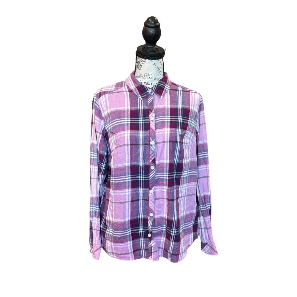 Croft & Barrow Womens Large Purple Pink Plaid Flannel Button Down Shirt L Long